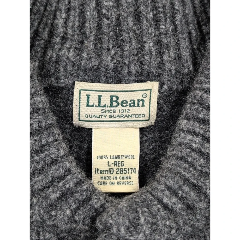 L.L. Bean 100% Lambswool Sweater Mens Large Gray Henley Shawl Collar Vintage